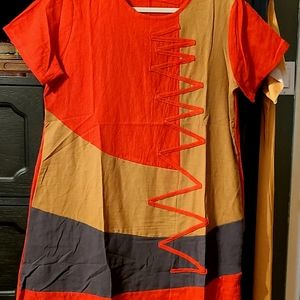 Dress, 2X, Casual, Orange & Tan, Linen Blend